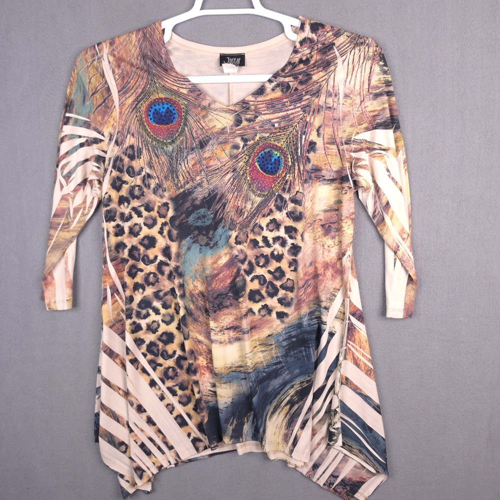 Jostar Tunic Top Peacock Leopard Print Tan Small Spandex Rhinestone V-Neck USA